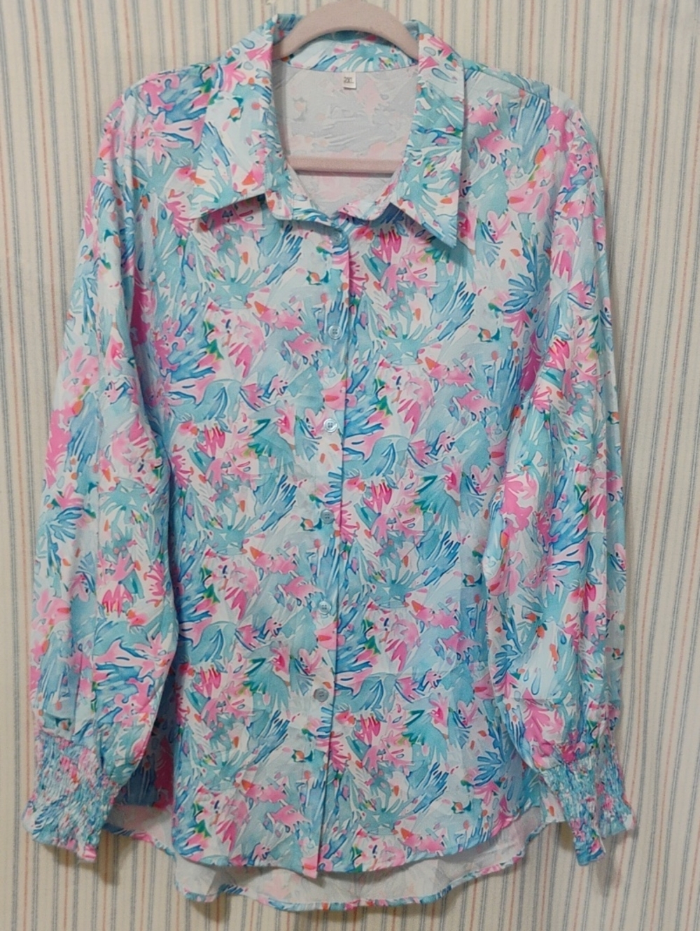 Multi Pastel Color Splashed Shirt With Lantern Sleeves 2X